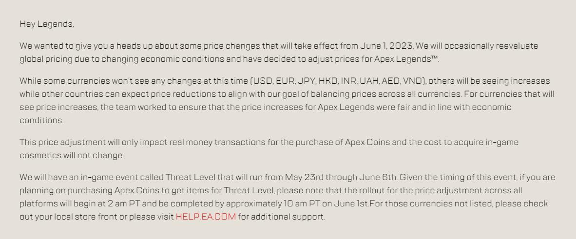 《<a href=https://jlzcch.cn/sjwy/fxsj/1044.html target=_blank class=infotextkey>Apex英雄</a>》宣布将调整货币全球售价，国区或受影响
